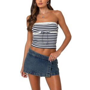 EDIKTED Stripe Lace Trim Tube Top in Navy-and-white Size Small